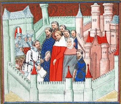Riccardo II al castello di Flint dove fu consegnato prigioniero a Bolingbroke, suo rivale al trono, copia facsimile da Le Prinse et Mort du Roy Richart di Jean Creton, ristampa XIX secolo (colore) da French School